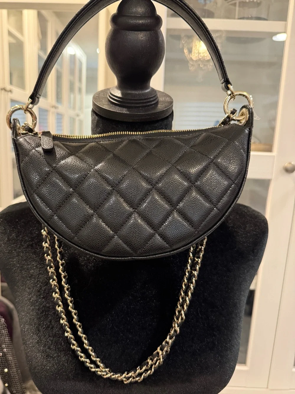 CHANEL Black Quilted Half Moon Shoulder Bag with Chain Strap Champagne Hardware